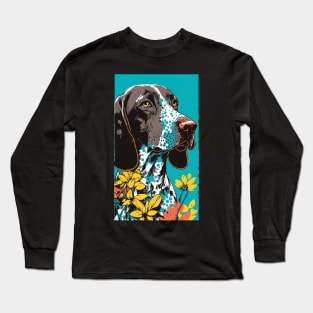 German Shorthair Pointer Dog Vibrant Tropical Flower Tall Retro Vintage Digital Pop Art Portrait 2 Long Sleeve T-Shirt